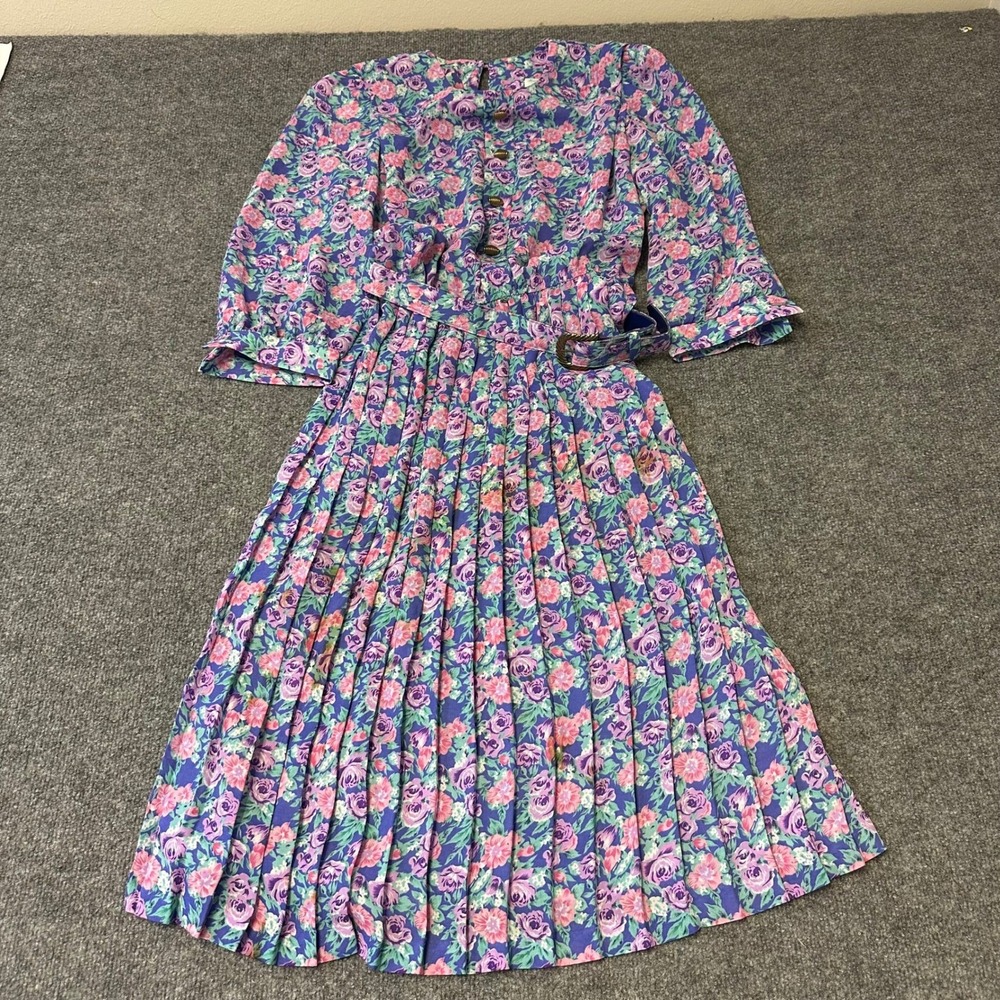 Lady Carol Petites Dress Womens Size 12 Purple Floral Pleated Belted USA Vintage